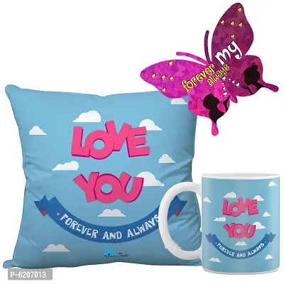 Valentine Gift Combo Printed Cushion Cover, Filler, Coffee Mug With Butterfly Shaped Greeting Card-thumb0