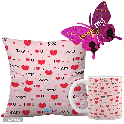 Valentine Gift Combo Printed Cushion Cover, Filler, Coffee Mug With Butterfly Shaped Greeting Card