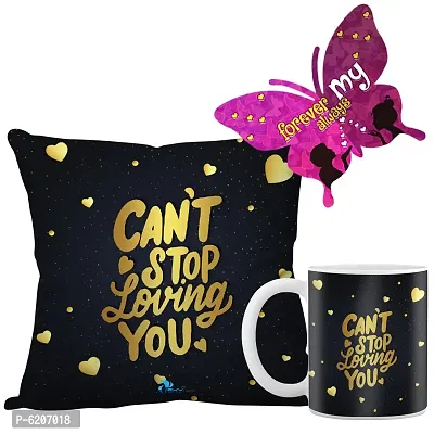 Valentine Gift Combo Printed Cushion Cover, Filler, Coffee Mug With Butterfly Shaped Greeting Card