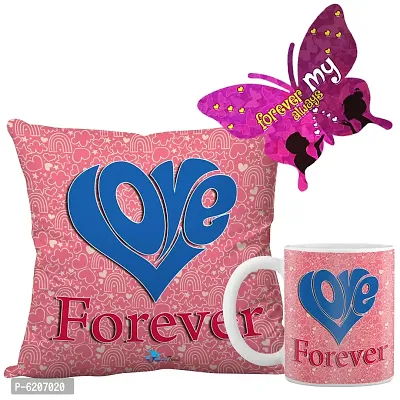 Valentine Gift Combo Printed Cushion Cover, Filler, Coffee Mug With Butterfly Shaped Greeting Card