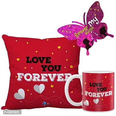 Valentine Gift Combo Printed Cushion Cover, Filler, Coffee Mug With Butterfly Shaped Greeting Card