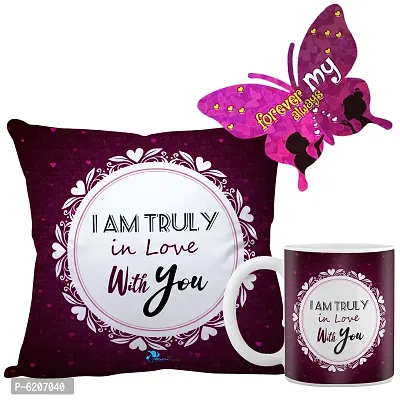 Valentine Gift Combo Printed Cushion Cover, Filler, Coffee Mug With Butterfly Shaped Greeting Card