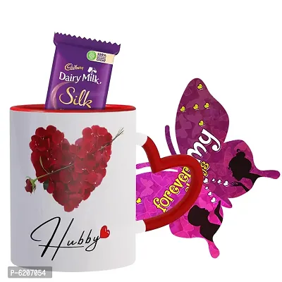 Valentine Gift Combo Printed Red Heart Handle Coffee Mug With Butterfly Shaped Greeting Card And Chocolate-thumb0