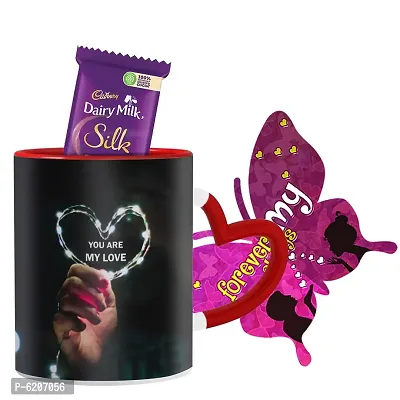Valentine Gift Combo Printed Red Heart Handle Coffee Mug With Butterfly Shaped Greeting Card And Chocolate