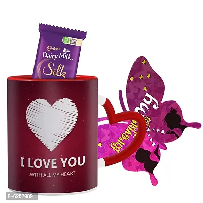 Valentine Gift Combo Printed Red Heart Handle Coffee Mug With Butterfly Shaped Greeting Card And Chocolate