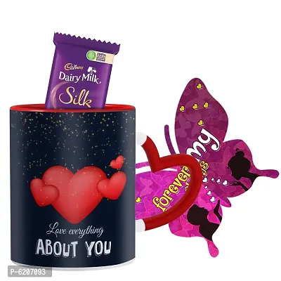 Valentine Gift Combo Printed Red Heart Handle Coffee Mug With Butterfly Shaped Greeting Card And Chocolate