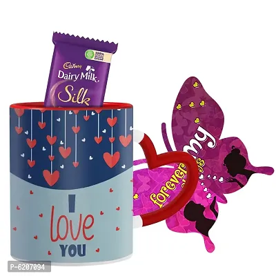 Valentine Gift Combo Printed Red Heart Handle Coffee Mug With Butterfly Shaped Greeting Card And Chocolate