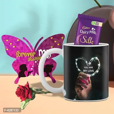 Valentine Gift Combo Printed White Coffee Mug With Butterfly Shaped Greeting Card, Chocolate And Rose-thumb0