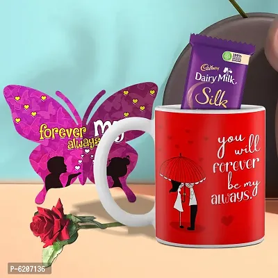 Valentine Gift Combo Printed White Coffee Mug With Butterfly Shaped Greeting Card, Chocolate And Rose