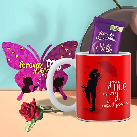 Valentine Combo Mug With Butterfly Shaped Greeting Card, Chocolate And Rose