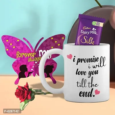 Valentine Gift Combo Printed White Coffee Mug With Butterfly Shaped Greeting Card, Chocolate And Rose