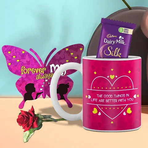 Valentine Combo Mug With Butterfly Shaped Greeting Card, Chocolate And Rose