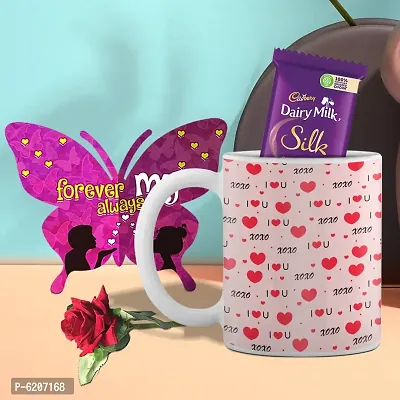 Valentine Gift Combo Printed White Coffee Mug With Butterfly Shaped Greeting Card, Chocolate And Rose-thumb0