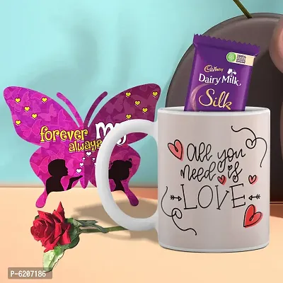 Valentine Gift Combo Printed White Coffee Mug With Butterfly Shaped Greeting Card, Chocolate And Rose