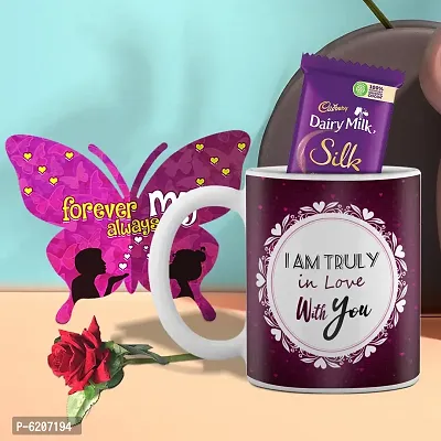 Valentine Gift Combo Printed White Coffee Mug With Butterfly Shaped Greeting Card, Chocolate And Rose-thumb0