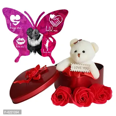 Fabric Heart-Shaped Box with Teddy and Roses with Greeting Card