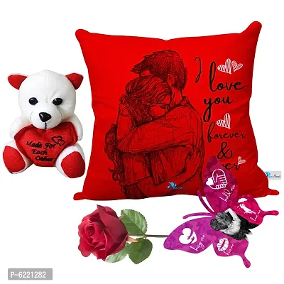 Valentine Gift Combo Printed Cushion with Filler, Cute Little Teddy with Butterfly Shaped Greeting Card and Artificial Rose-017