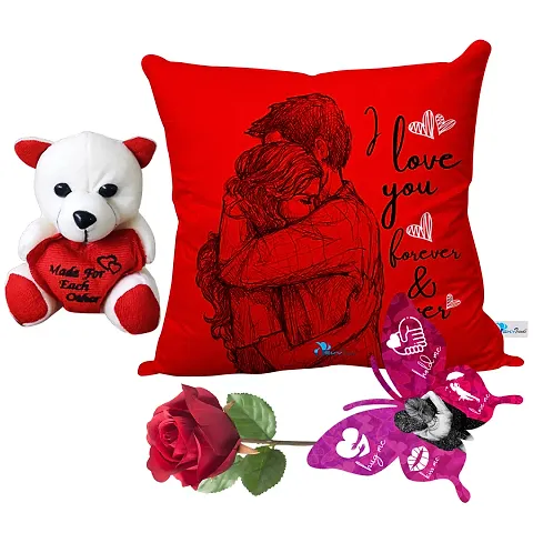 Valentine Gift Combo Cushion, Teddy with Greeting Card and Artificial Rose