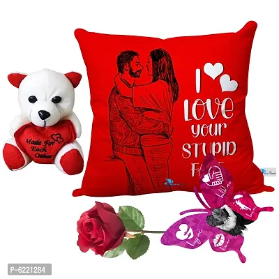 Valentine Gift Combo Printed Cushion with Filler, Cute Little Teddy with Butterfly Shaped Greeting Card and Artificial Rose-019-thumb0