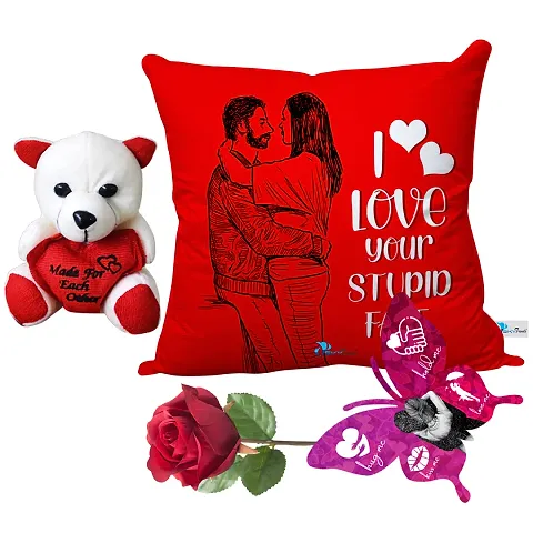 Valentine Gift Combo Printed Cushion, Teddy with Greeting Card and Artificial Rose