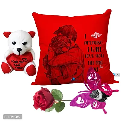 Valentine Gift Combo Printed Cushion with Filler, Cute Little Teddy with Butterfly Shaped Greeting Card and Artificial Rose-020