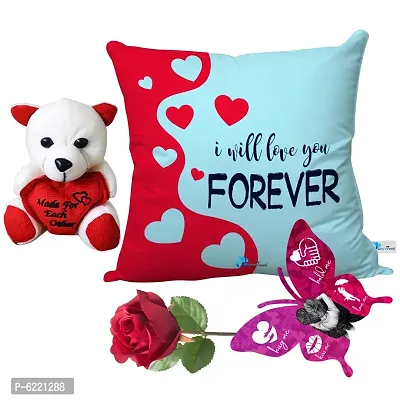 Valentine Gift Combo Printed Cushion with Filler, Cute Little Teddy with Butterfly Shaped Greeting Card and Artificial Rose-023
