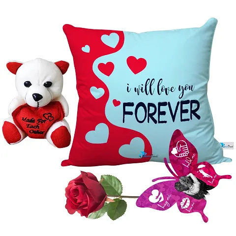 Valentine Gift Combo Cushion, Teddy with Greeting Card and Artificial Rose