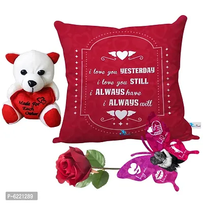 Valentine Gift Combo Printed Cushion with Filler, Cute Little Teddy with Butterfly Shaped Greeting Card and Artificial Rose-024