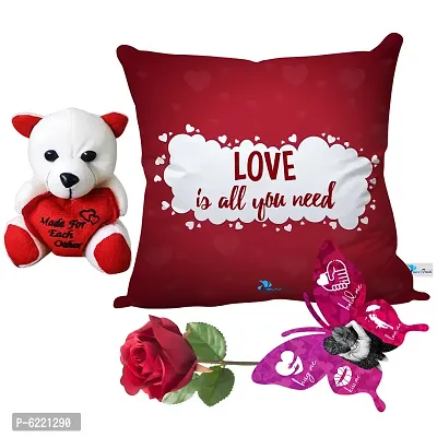 Valentine Gift Combo Printed Cushion with Filler, Cute Little Teddy with Butterfly Shaped Greeting Card and Artificial Rose-025