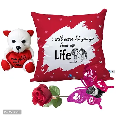 Valentine Gift Combo Printed Cushion with Filler, Cute Little Teddy with Butterfly Shaped Greeting Card and Artificial Rose-026