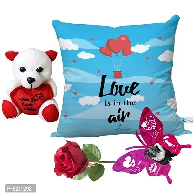 Valentine Gift Combo Printed Cushion with Filler, Cute Little Teddy with Butterfly Shaped Greeting Card and Artificial Rose-027