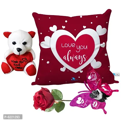 Valentine Gift Combo Printed Cushion with Filler, Cute Little Teddy with Butterfly Shaped Greeting Card and Artificial Rose-028