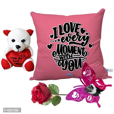 Valentine Gift Combo Printed Cushion with Filler, Cute Little Teddy with Butterfly Shaped Greeting Card and Artificial Rose-030
