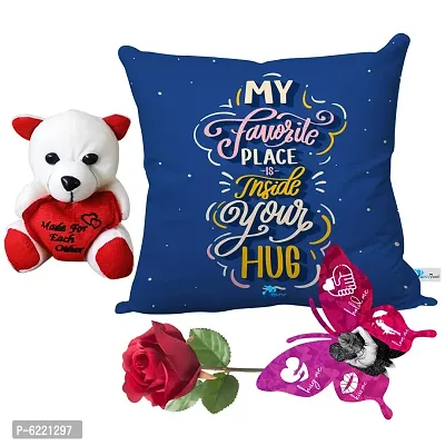 Valentine Gift Combo Printed Cushion with Filler, Cute Little Teddy with Butterfly Shaped Greeting Card and Artificial Rose-032