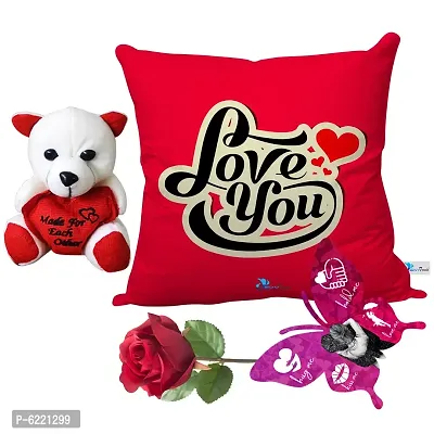 Valentine Gift Combo Printed Cushion with Filler, Cute Little Teddy with Butterfly Shaped Greeting Card and Artificial Rose-034