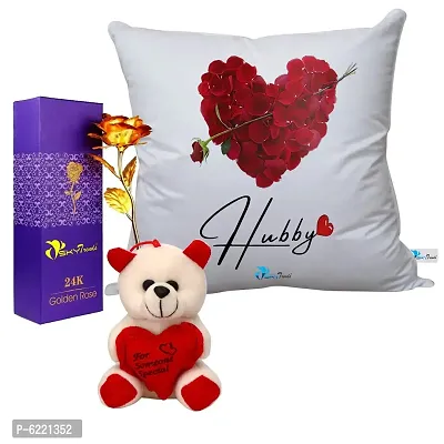 Valentine Gift Combo Printed Cushion with Filler, Artificial Gold Rose and Cute Little Teddy-010-thumb0