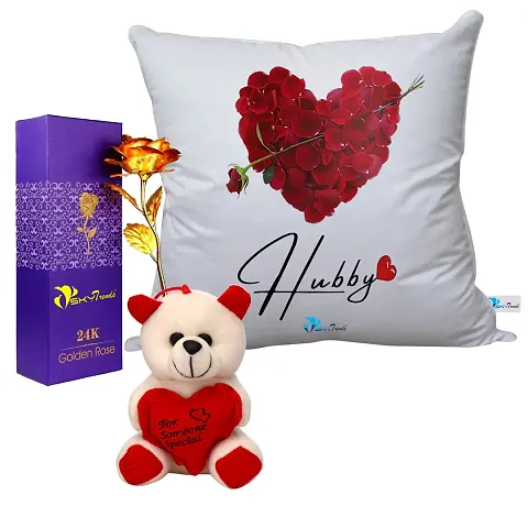 Valentine Gift Combo Printed Cushion, Artificial Gold Rose and Teddy