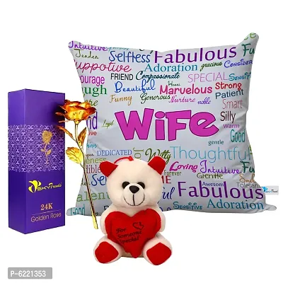 Valentine Gift Combo Printed Cushion with Filler, Artificial Gold Rose and Cute Little Teddy-011
