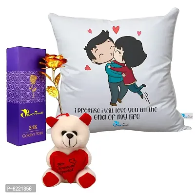 Valentine Gift Combo Printed Cushion with Filler, Artificial Gold Rose and Cute Little Teddy-014