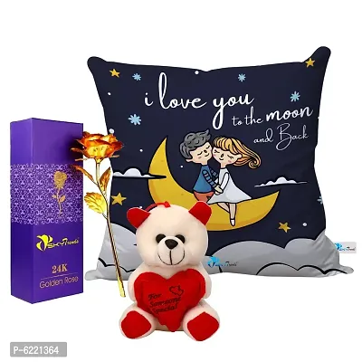 Valentine Gift Combo Printed Cushion with Filler, Artificial Gold Rose and Cute Little Teddy-022