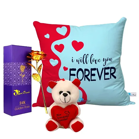 Valentine Combo- Printed Cushion, Teddy and Rose