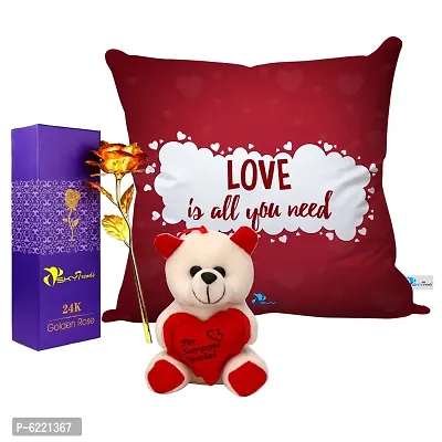 Valentine Gift Combo Printed Cushion with Filler, Artificial Gold Rose and Cute Little Teddy-025