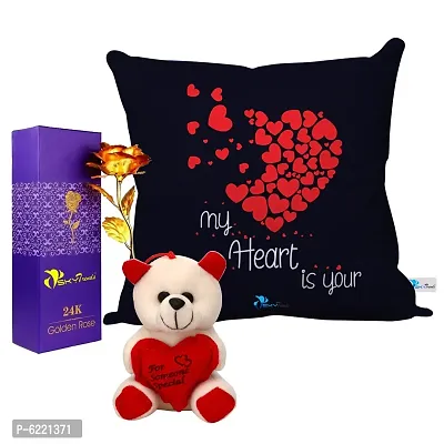 Valentine Gift Combo Printed Cushion with Filler, Artificial Gold Rose and Cute Little Teddy-029