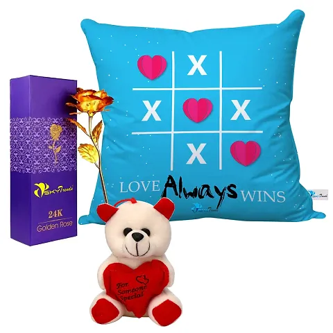 Valentine Gift Combo Printed Cushion, Artificial Gold Rose and Little Teddy