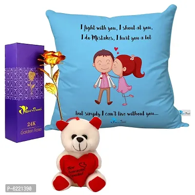 Valentine Gift Combo Printed Cushion with Filler, Artificial Gold Rose and Cute Little Teddy-048-thumb0