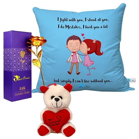 Valentine Gift Combo Printed Cushion, Artificial Gold Rose and Teddy