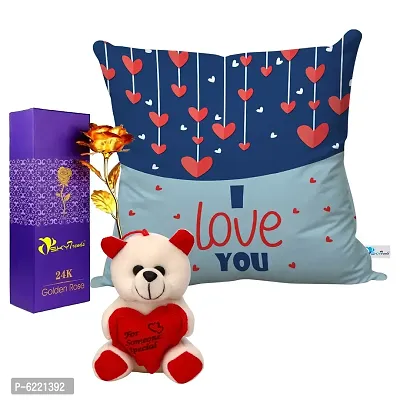 Valentine Gift Combo Printed Cushion with Filler, Artificial Gold Rose and Cute Little Teddy-050