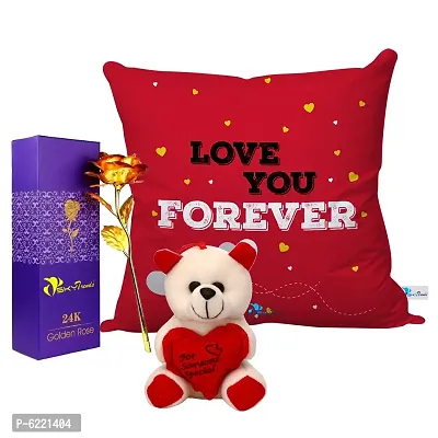 Valentine Gift Combo Printed Cushion with Filler, Artificial Gold Rose and Cute Little Teddy-062