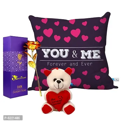 Valentine Gift Combo Printed Cushion with Filler, Artificial Gold Rose and Cute Little Teddy-064