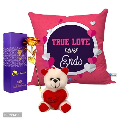 Valentine Gift Combo Printed Cushion with Filler, Artificial Gold Rose and Cute Little Teddy-068
